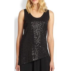 Eileen Fisher Asymmetric Scoop Neck Stretch Silk Black Sequin Top Size M